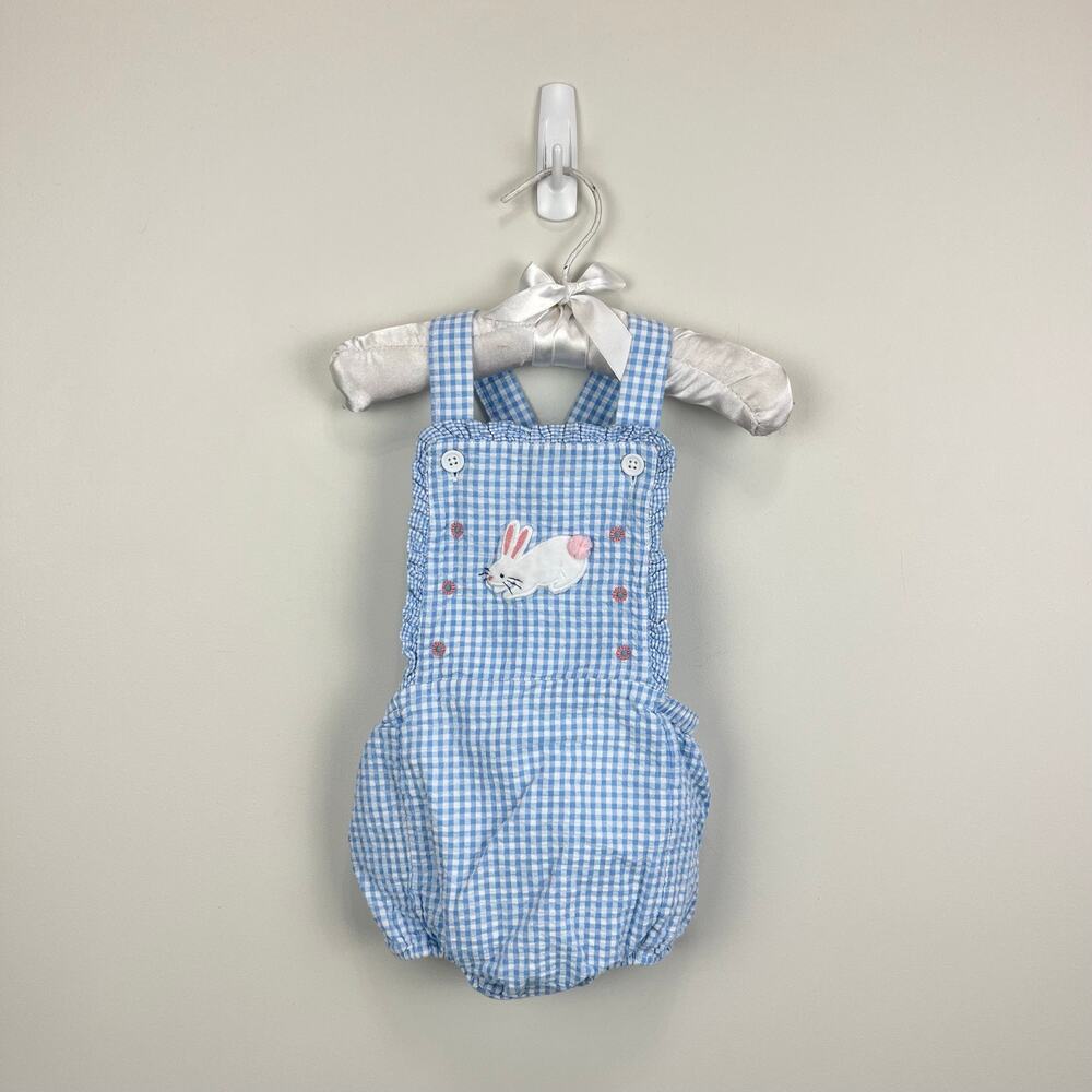 Mini Baby Boden Blue Gingham Applique Bunny Ruffle Sunsuit Romper 6-12 Months